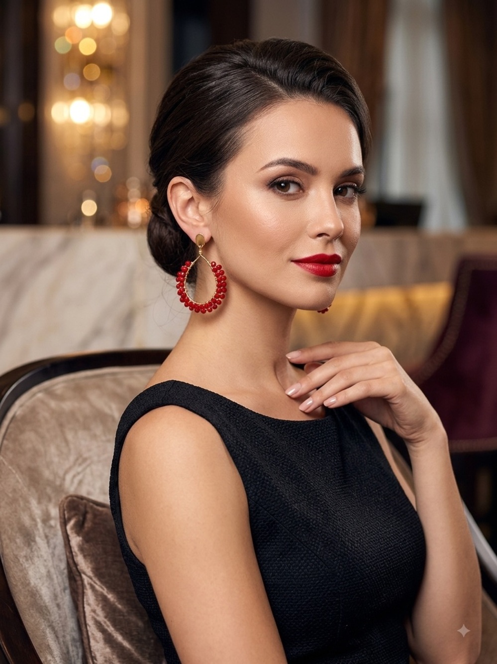Elegant Red Beaded Hoop Earrings - Women Jewelry